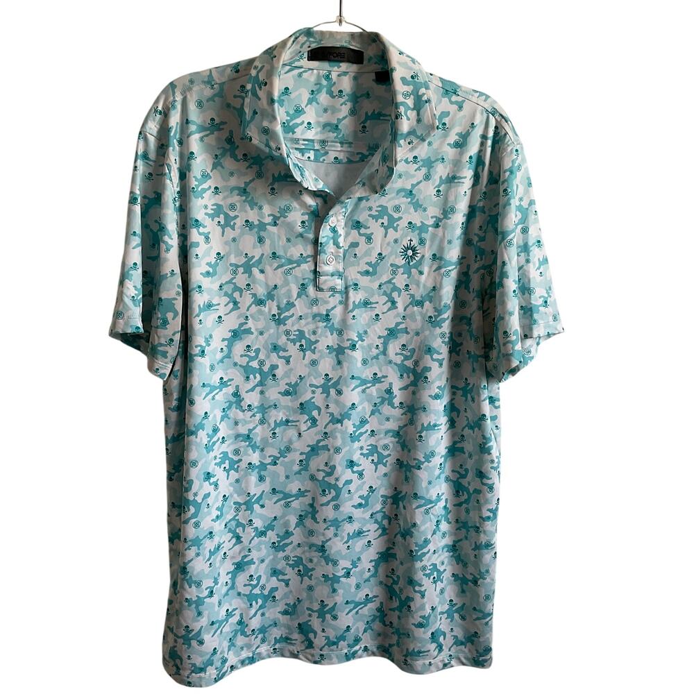 G/Fore Mapped Icon Camo‎ Skull Golf Polo - Blue and White - Size Large